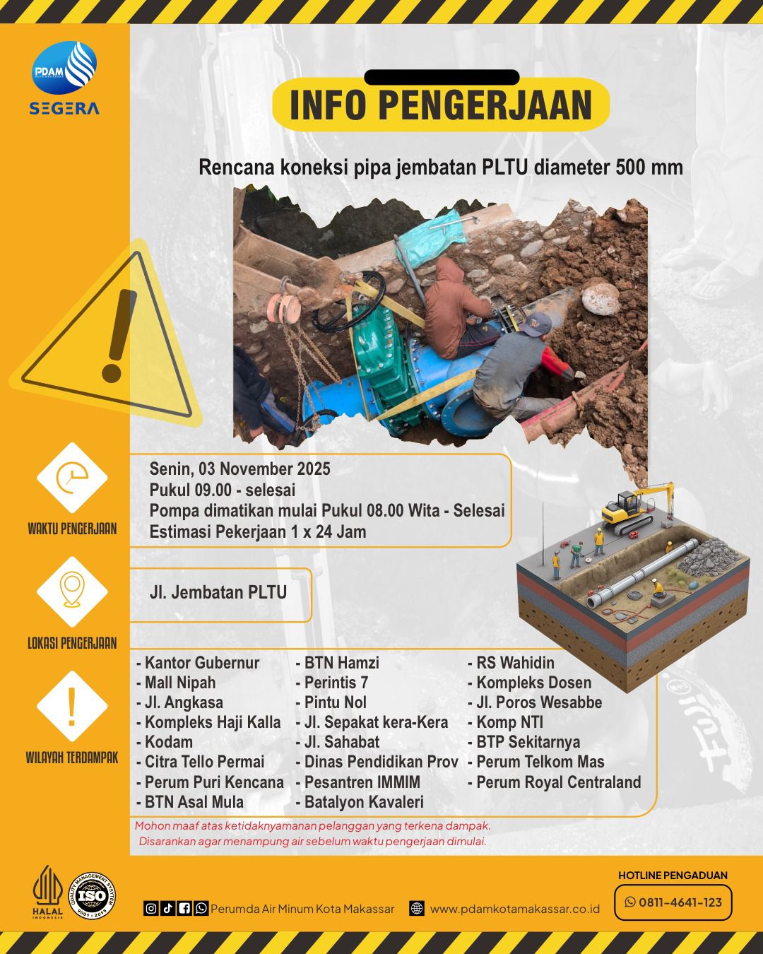 Perkuat Suplai Air ke Timur Kota Makassar, PDAM Makassar Kerjakan Koneksi Pipa Diameter 500 mm