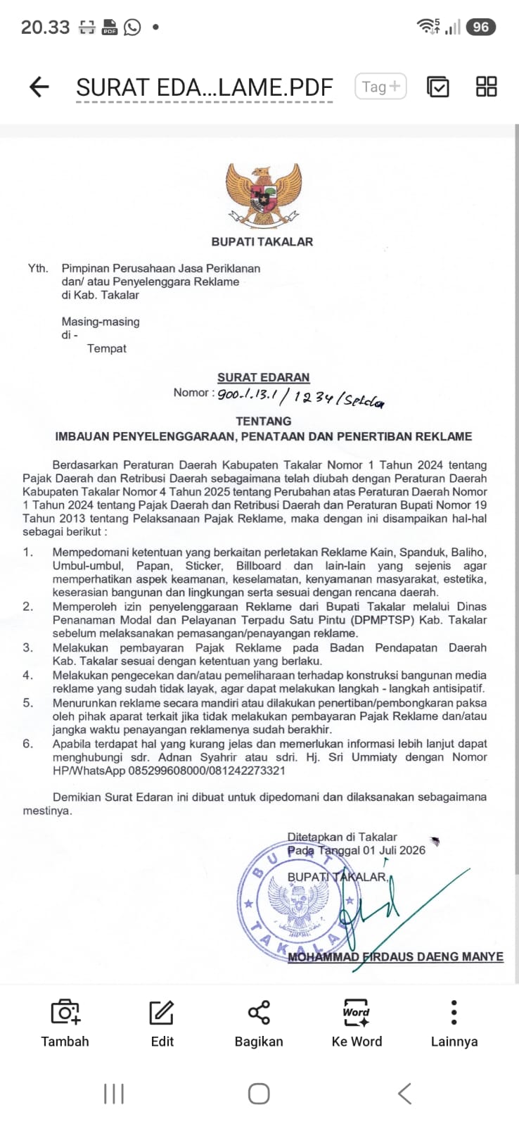 Bupati Takalar Terbitkan Edaran Penataan Reklame