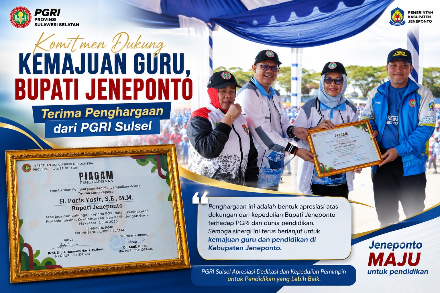 Komitmen Dukung Kemajuan Guru, Bupati Jeneponto Terima Penghargaan